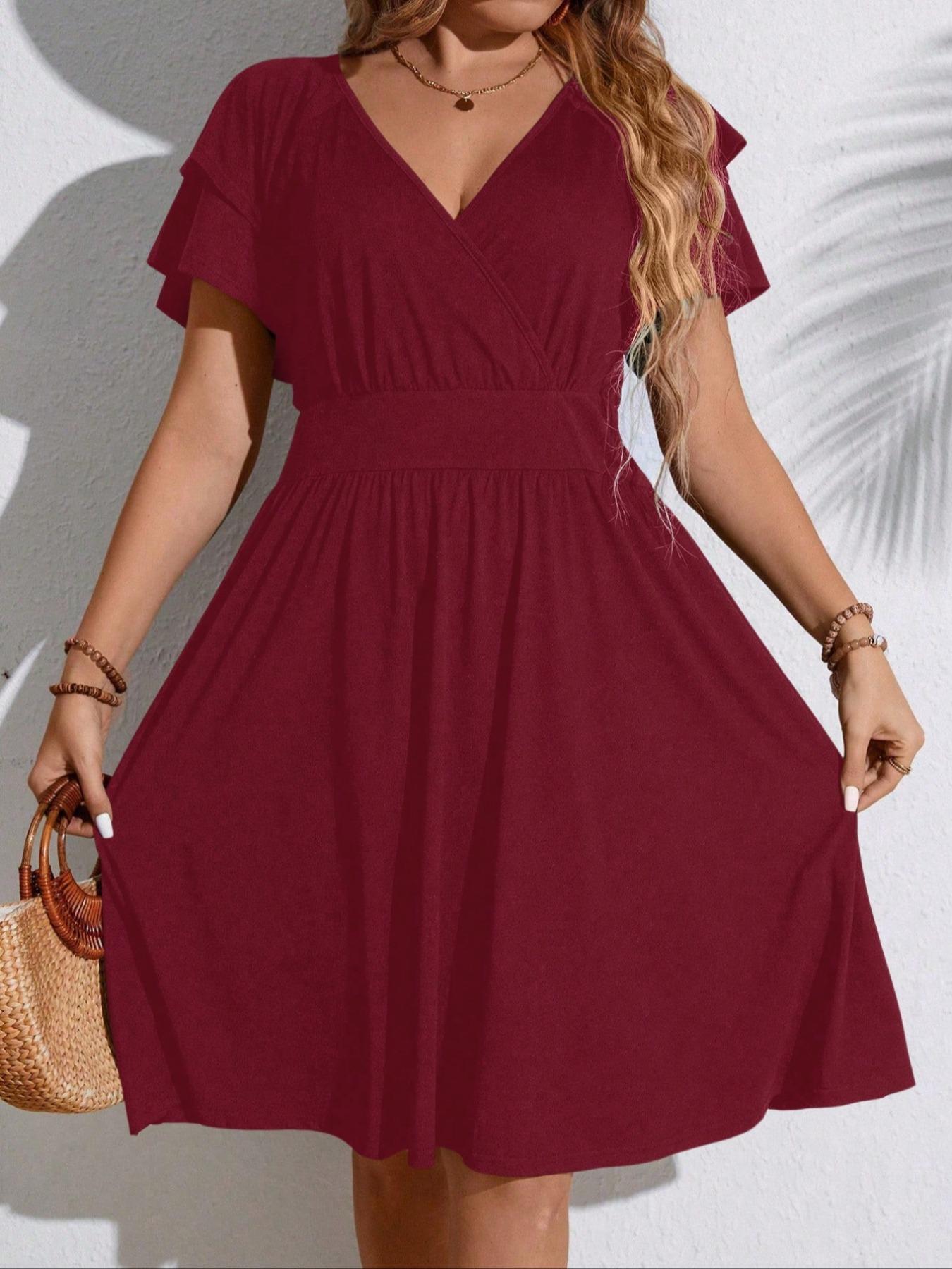 【Plus Size】 Solid Color V Neck Dress, Fashion Casual Dress for Wedding Guest, Women's Clothing for Summer