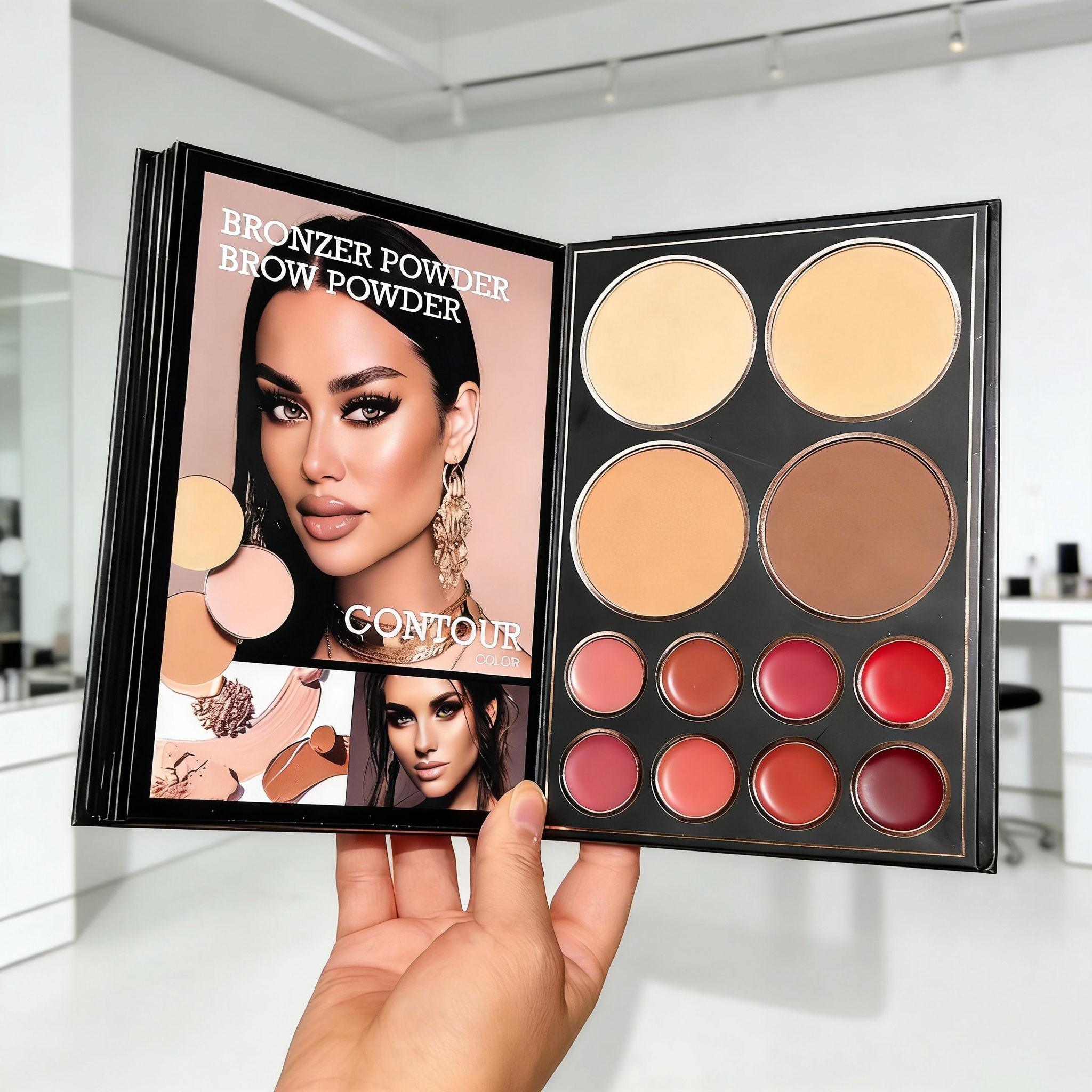 Book Style Makeup Book + Brush Set, Makeup Palette Set, Includes Eyeshadow, Blush, Contour, Highlight, Long-Lasting Easy Application, Perfect Gift for Valentine's Day/birthday
