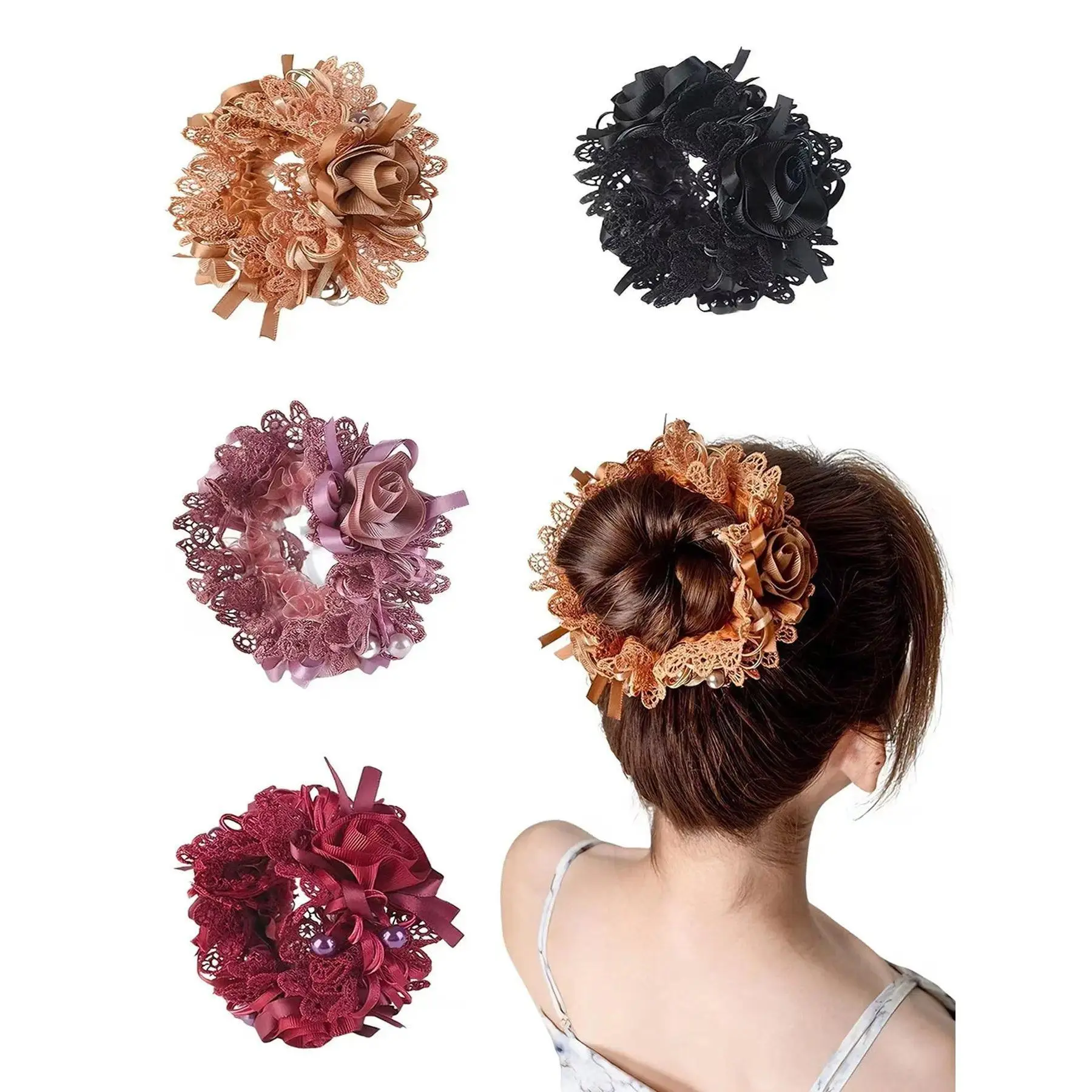 4pcs Soft Lace Scrunchies for Hair, 3 Inch Big Elastic Hair Ties, Rose and Pearl Silky Scrunchie for Women, Stylish Summer Hair Accessories, Floral Hairbands