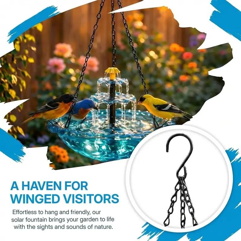 2026 Solar Cascade Hanging Bird Bath Fountain, a three-tier outdoor water feature for hummingbirds, easy to clean, Easy installation, with a 9.3-inch glass basin, equipped with a solar pump, attracting wild birds to the garden and terrace
