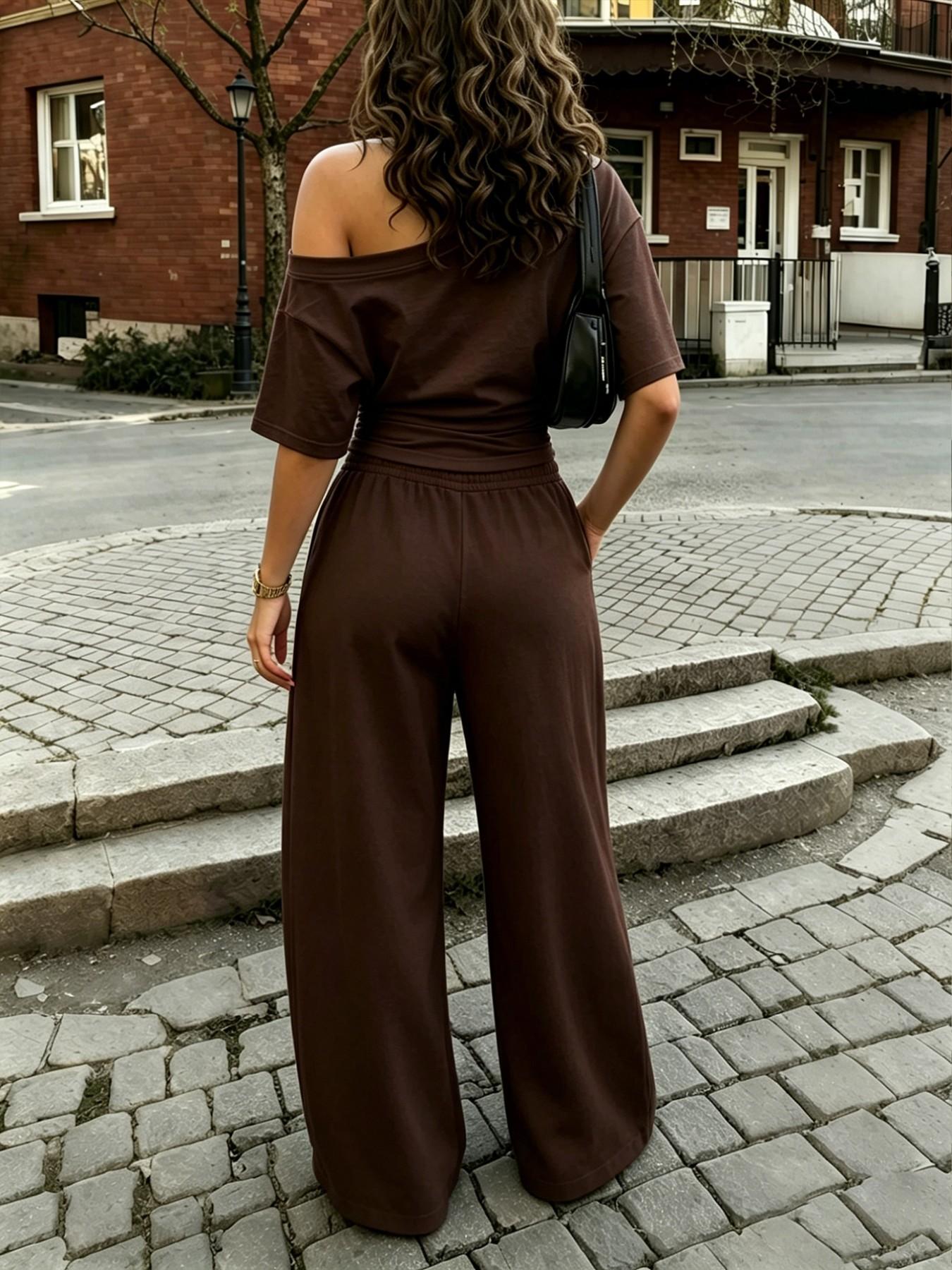 Women's Two-Piece Set, Casual Everyday Summer, Basic Solid Plain Minimalist Slim-Fit T-Shirt and Long Pants, Mid-Waist, Short Sleeve, All Seasons, Womenswear Top, Clothes, Bottom
