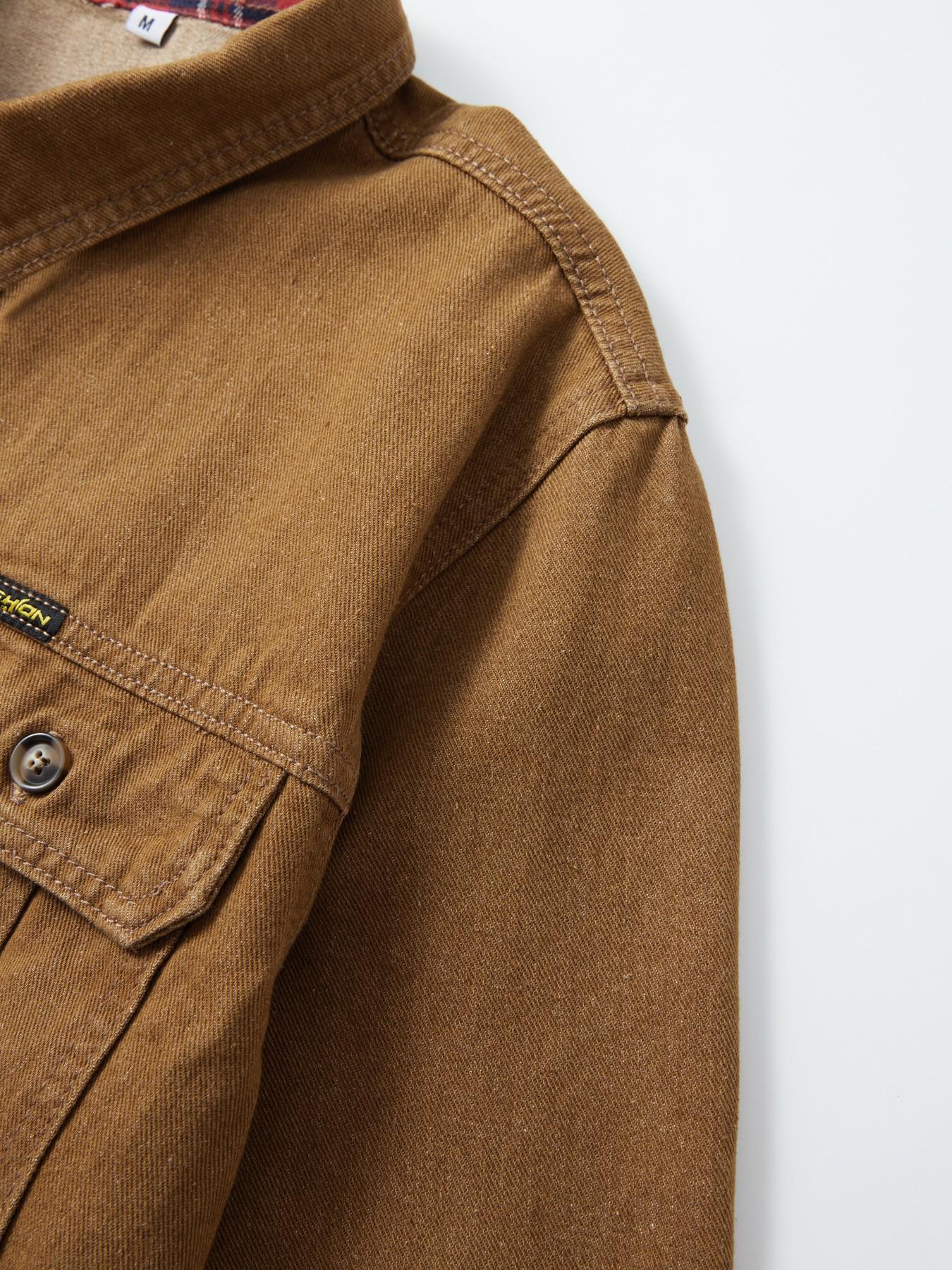 Men's Vintage Fleece Lined Workwear Shirt Jacket, Heavyweight Washed Cotton, Dual Chest Pockets, Copper Buttons, Fall Winter Warm Coat