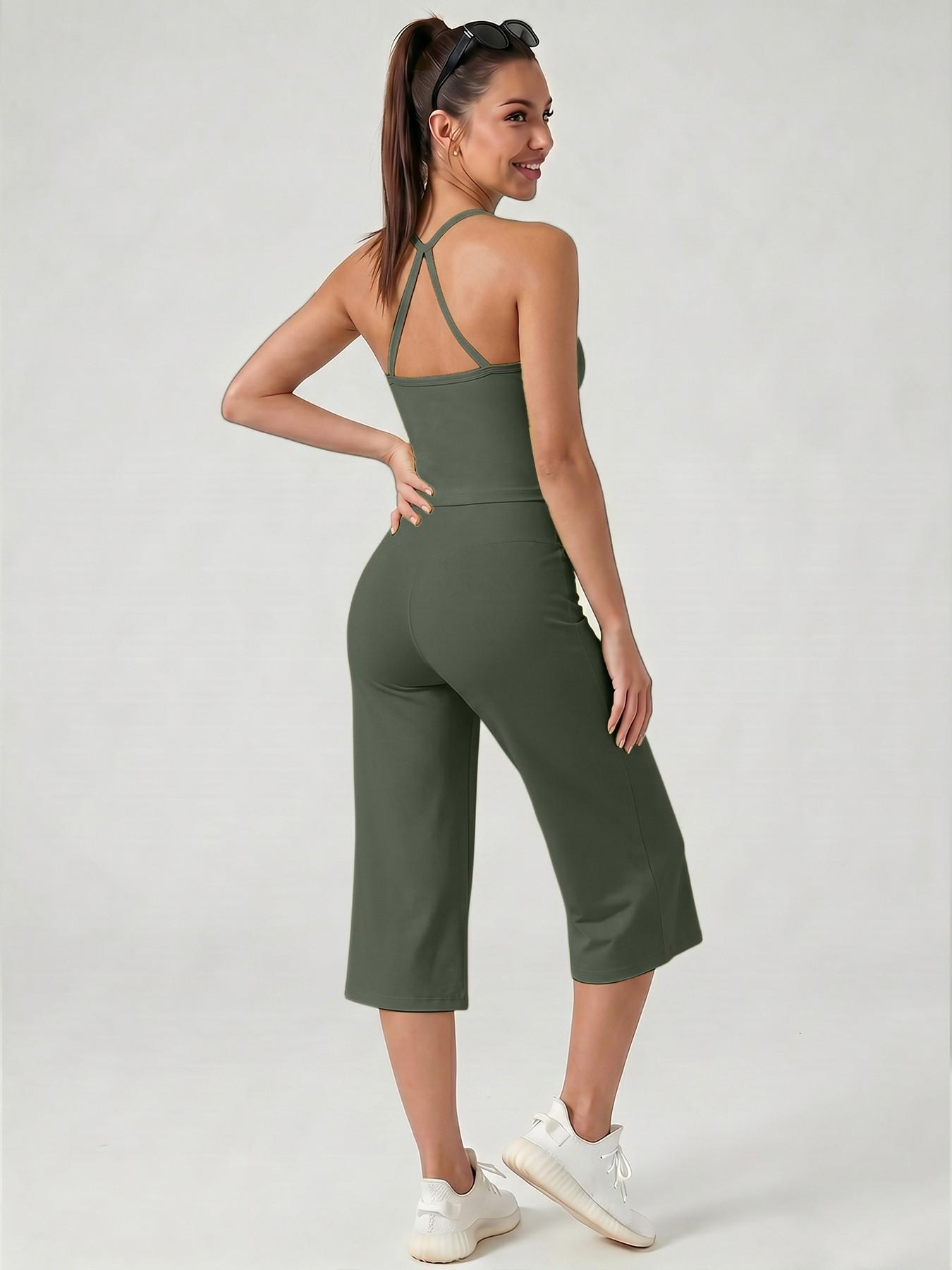 Women's Sporty Fitted Tank Top & High-Waisted Wide-Leg Pants Set, Breathable Solid Color, Ideal for Yoga, Casual Wear, Home Comfort, Athleisure Summer Clothes