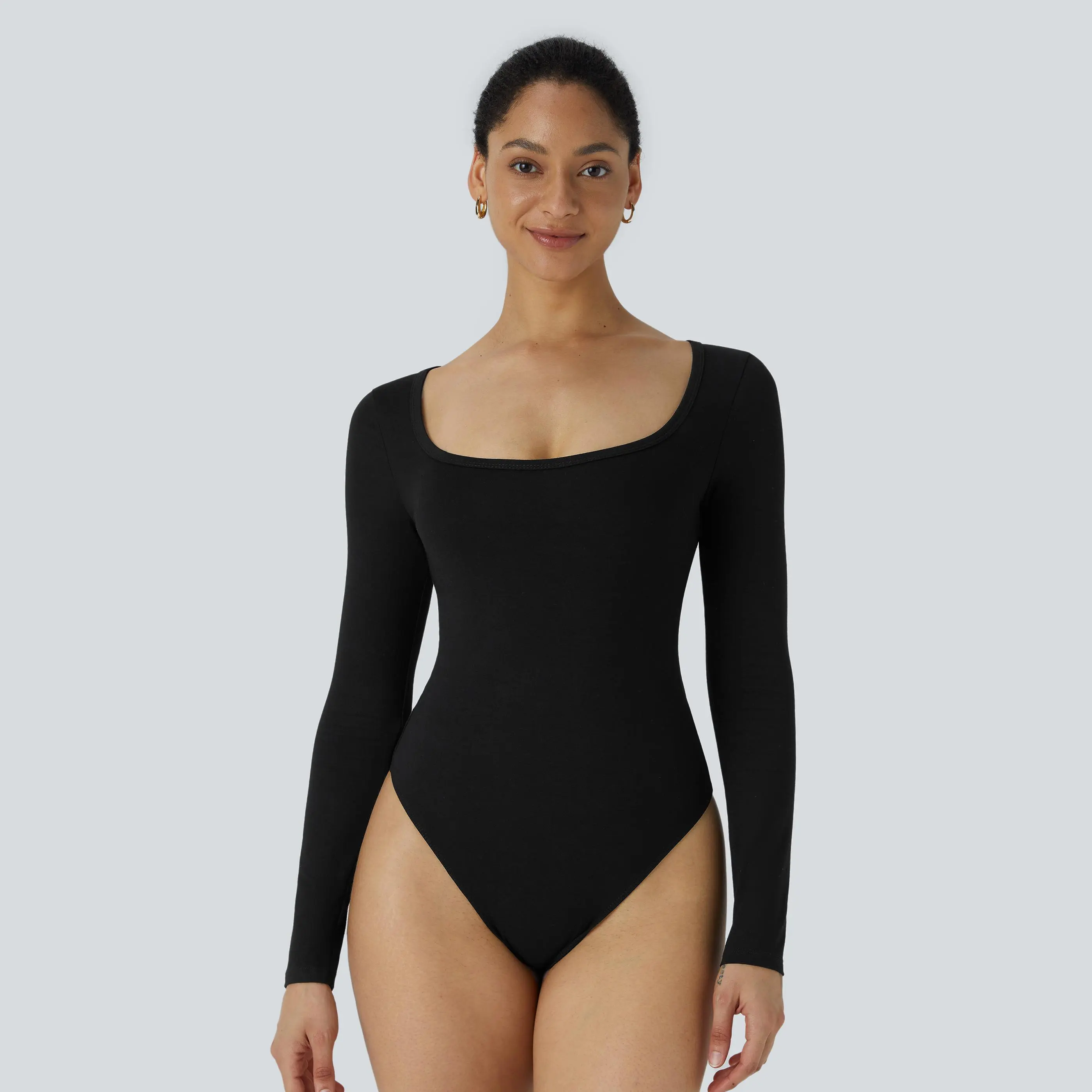 Halara U Neck Long Sleeve Snap Button Skinny Work Bodysuit