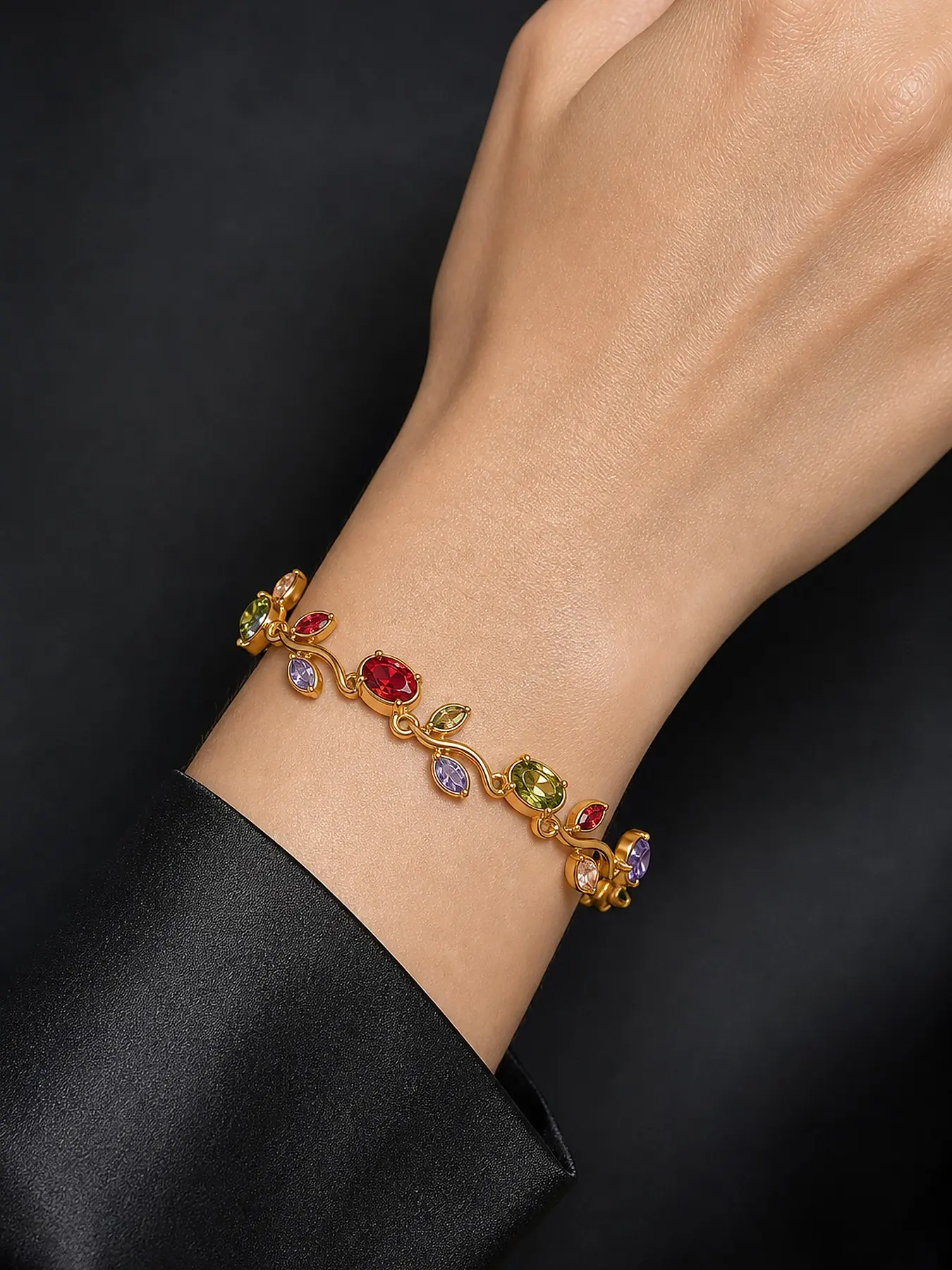 Tulip Vine Bracelet with Multicolor Diamonds, Women's Floral Chain Jewelry, Elegant Accessory for Everyday Wear