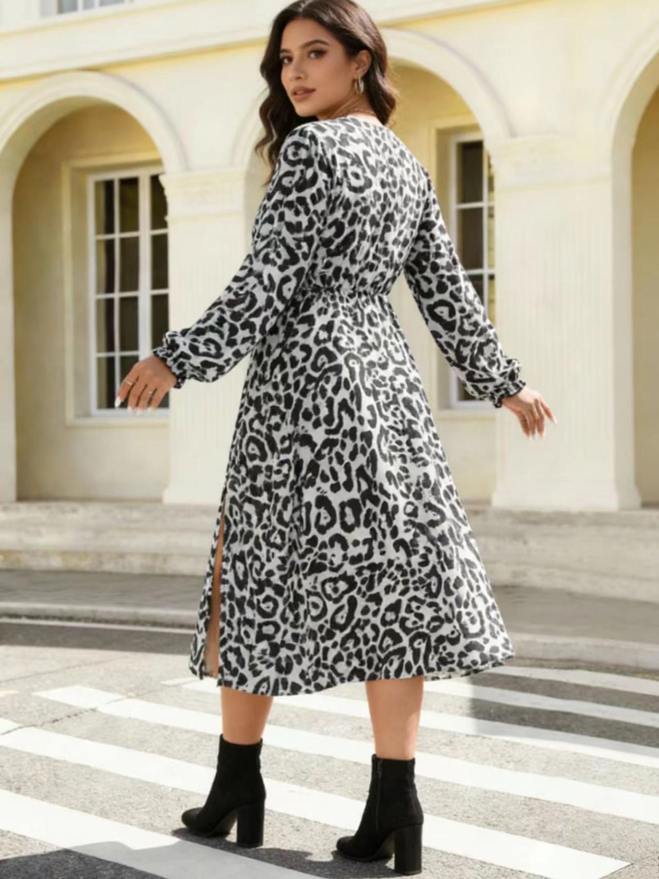 Elegant Leopard Print V-Neck Dress for Plus Size Women, Sexy and Stylish Maxi Dress, Perfect for Special Occasions