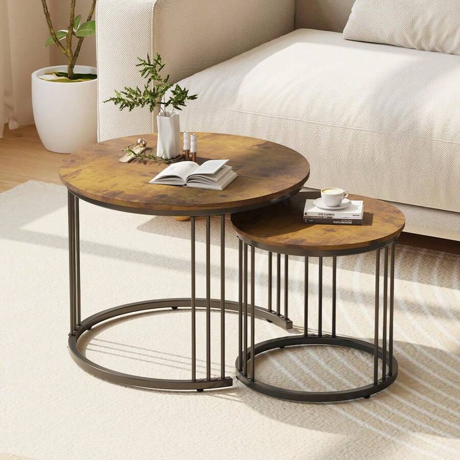 23.6" Round Nesting Coffee Table Set Of 2, Wooden Top & Metal Frame Nesting Tables, Stylish Center Tables For Living Room Bedroom Balcony