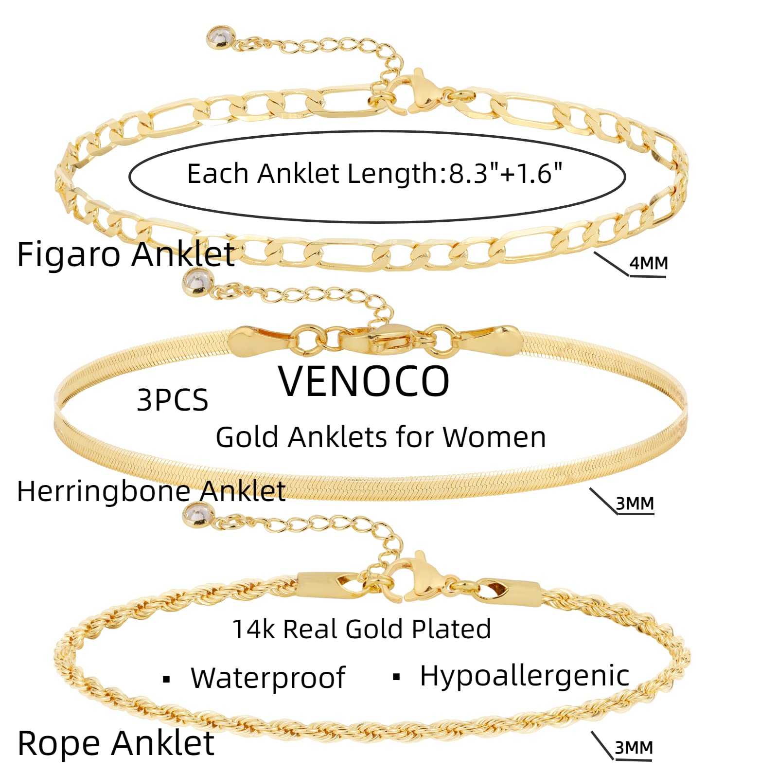 Layered Ankle Bracelets for Women Layering Anklets Set Bracelet 14k Gold Plated CZ Rhinestone Chain Anklet Bracelets Dainty figaro herringbone twisted rope anklet Women Beach Foot Jewelry Gifts