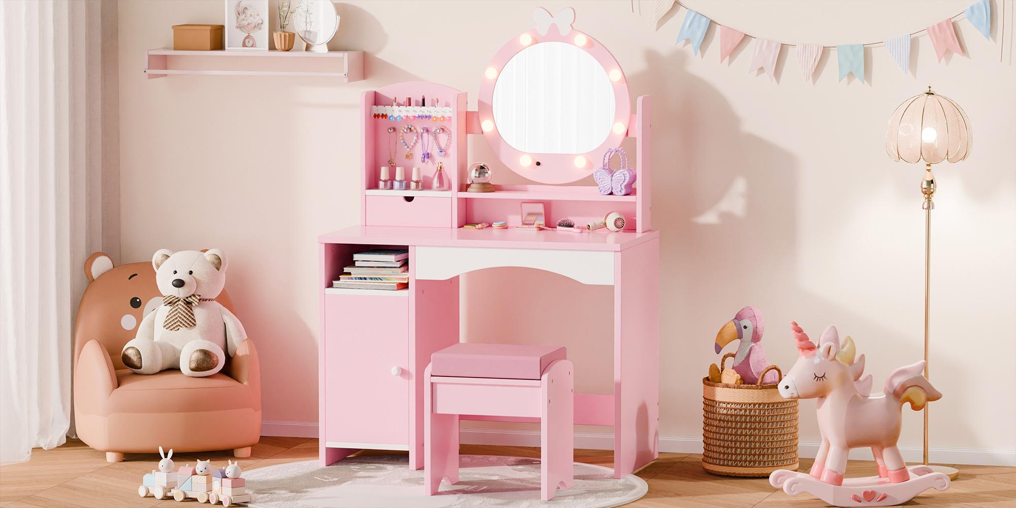 Kids Vanity Table and Chair Set – Princess Girls Vanity Set with Mirror, Lights, Jewelry Storage, and Cushioned Stool, Toddler Makeup Vanity for Little Girls