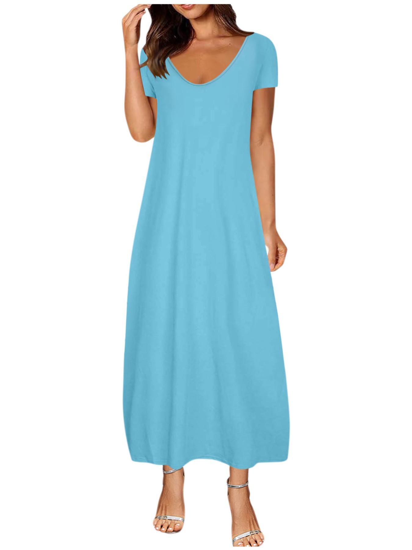 Women's Long Dress 2026, Coffee Color Everyday Casual Round Neck Short Sleeve Pockets Sleepwear, Soft Comfortable All-Season Dress