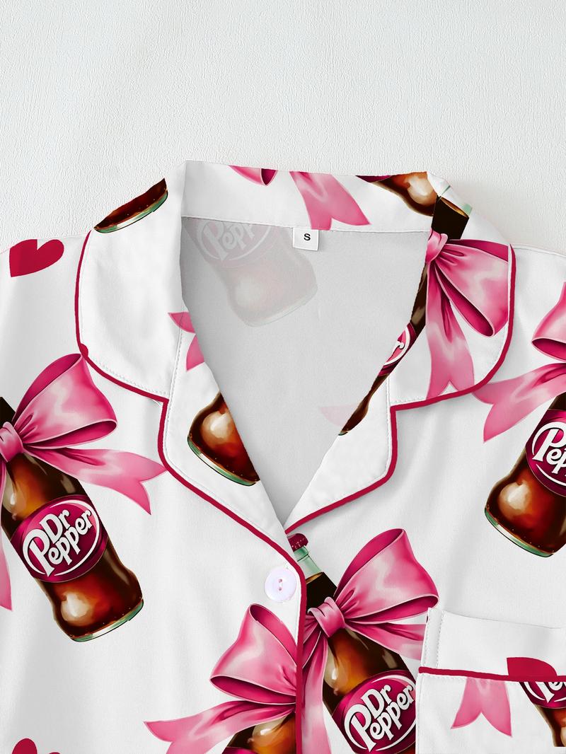 Teen Dr Pepper Collar Short Sleeve Pajama Set, Comfortable Sleepwear, All-Season Loose Fit, Animal Pattern, Perfect Gift