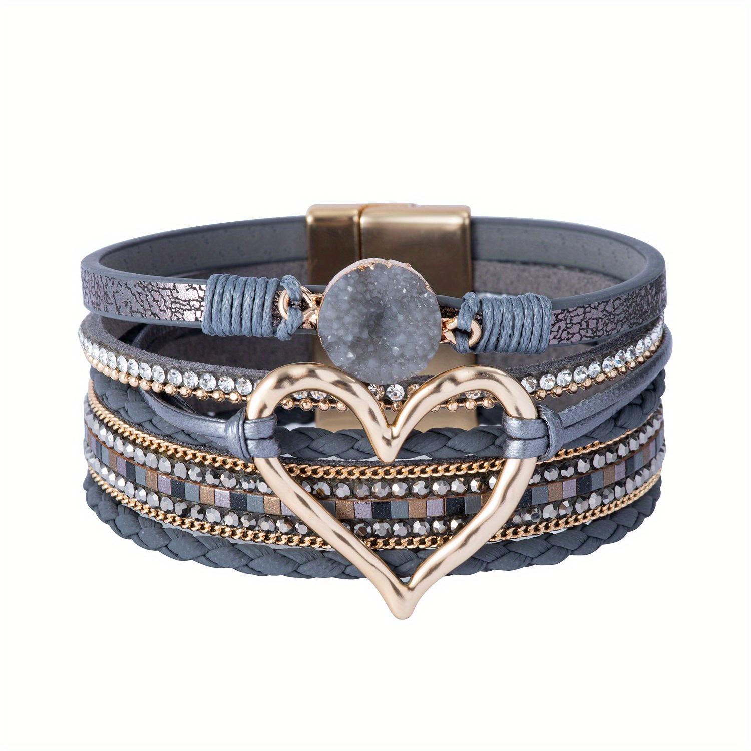 Bohemian Multi-Layer PU Leather Bracelet | Handmade Woven Gold Heart Bangle