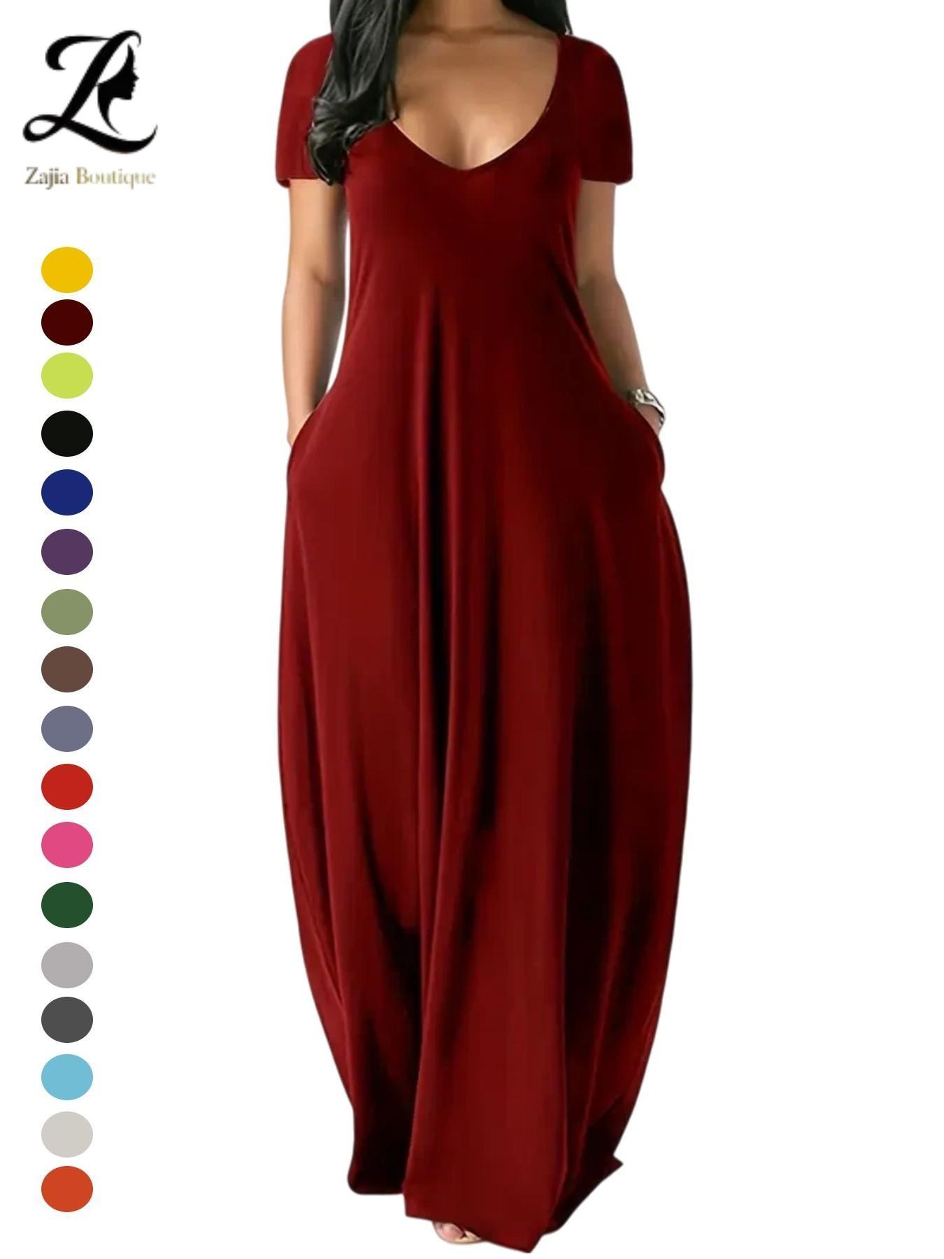 Women's Long Dress 2026, Coffee Color Everyday Casual Round Neck Short Sleeve Pockets Sleepwear, Soft Comfortable All-Season Dress