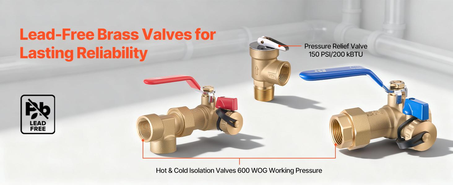 VEVOR 3/4 Inches Brass Steel Water Heater Kit, Corrosion Resistant Plumbing Repair Kit with 600 WOG Isolation Valves, Pressure Relief Valve, Dual-Layer Gas Hose, Standard Fit for Most Tankless Water Heating Brands