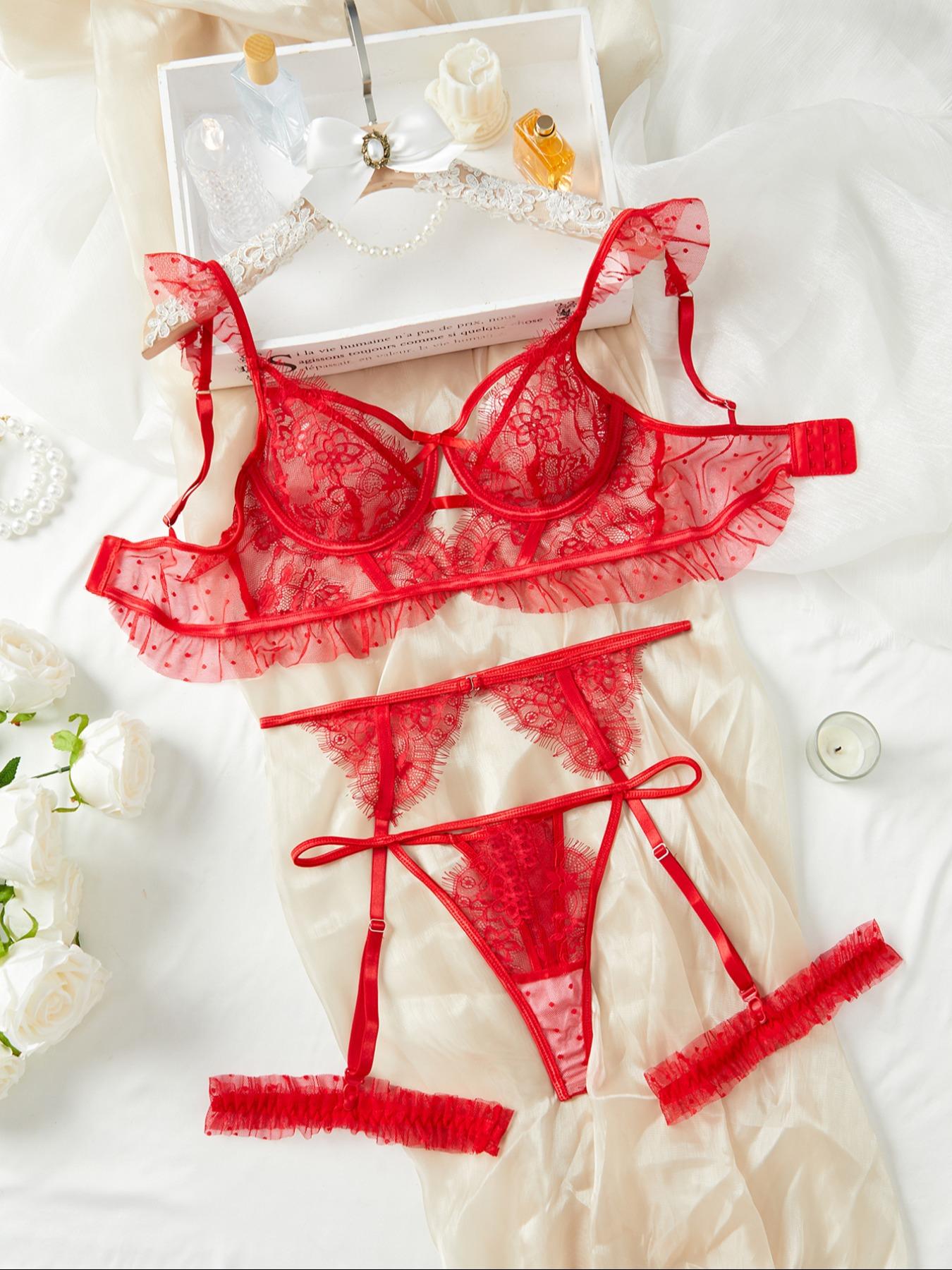 Christmas Midnight Floral Embroidered Lace Soft Comfy Lingerie Set, Adjustable Bra & Thigh Straps, Comfortable Women's Underwear, Multi-Color