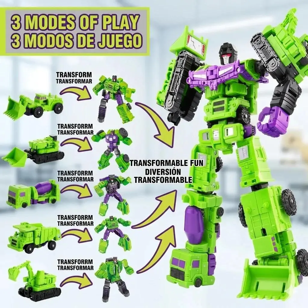 6-in-1 Transforming Robot Toy Set — Engineering Vehicle Combiner — Articulated Action Figure Model — Building Toy Gift for Boys