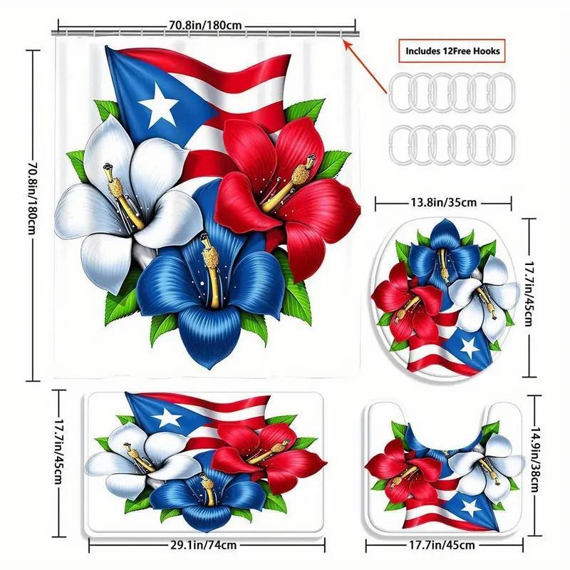 1/4pcs Puerto Rican flag pattern shower curtain set, includes non-slip mat, U-shaped rug, and toilet seat cover. Perfect for bathroom decoration, partitioning, and beautifying the space. Comes with 12 shower curtain hooks. Bathroom Decoration Accessories