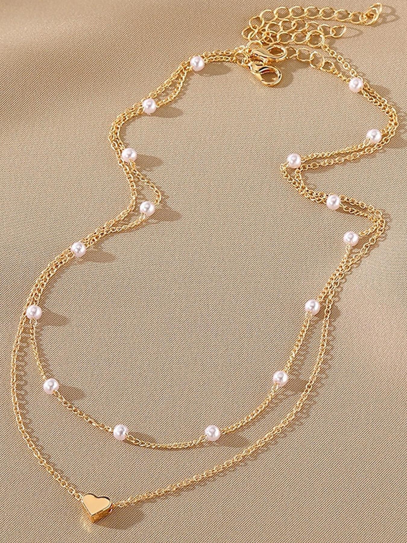 Women's Heart Pendant Necklace & Bracelet Set, Dainty Layered Chain with Pearl Beads, Elegant Romantic Jewelry Gift