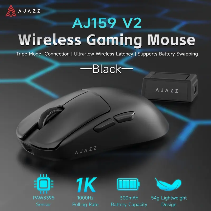 AJAZZ AJ159 V2 Wireless Game Mouse Second Battery Swap Instant Full Power Professional Competitive Drive Game PAW3395 Sensor the third mock examination Computer Office Mouse DPI32000 supports multiple systems for games and office Gaming Pc Accessories