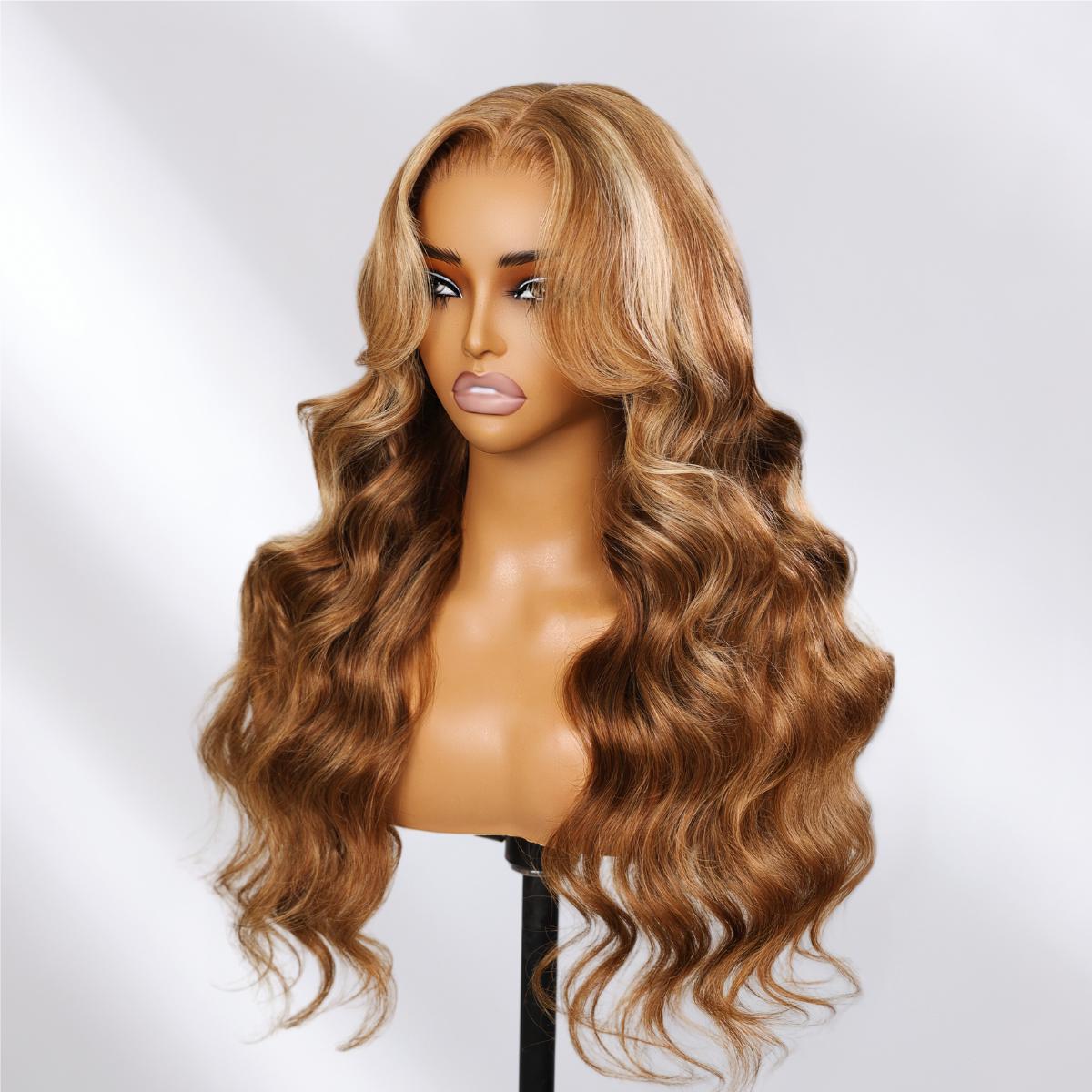 Sunber 7X5 Pre-Everythin Lace Frontal Wigs with Bangs Loose  Wave Curly Wigs Honey Blonde Glueless Wigs Human Hair Pre Plucked Pre Cut Lace Bleached Knots Perfect For Summer Look Ready to Wear Frontal Wigs Dealsforyoudays