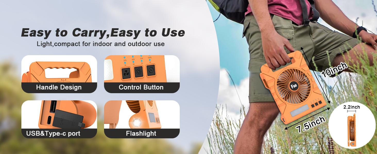 Solar Camping fan portable with LED light , Rechargeable, 4-Speed, Timer, Cordless, Hanging Hook for Outdoor, Travel, Hiking, Beach, Tent, Home Use