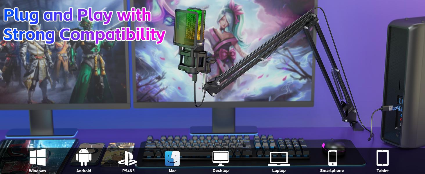 【NOT XBox】ZealSound Gaming USB Microphone, Noise Cancellation Condenser mic, RGB Microphone with Mute, Gain, Monitoring, Boom Arm, Pop Filter for Phone, PC, Computer, PS4, PS5, Mac, Streaming, Podcast