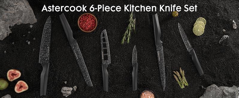 Astercook 6 Piece Kitchen Knife Set, High Carbon German Stainless Steel Knife Set, Super Sharp, Dishwasher Safe Block Cooking Cutting