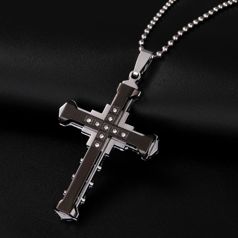 Trending Men's Crystal Cross Jesus Pendant Necklace - Gold/Black/Blue Zirconia, Stainless Steel Costume Jewelry, Jesus Piece, Jeweled Cross, Crucifix Graphic Necklaces, Cross Necklaces