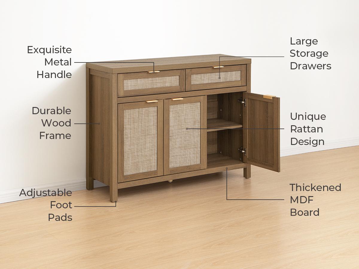 SICOTAS Rattan Sideboard Buffet Cabinet - Boho Farmhouse Credenza with 3 Doors and 2 Drawers, Storage Console Cabinet for Kitchen, Living Room, Entryway, Coffee Bar and Home Decor SICOTAS Rattan Sideboard Buffet Cabinet - Boho Farmhouse Credenza with 3 Doors and 2 Drawers, Storage Console Cabinet for Kitchen, Living Room, Entryway, Coffee Bar and Home Decor