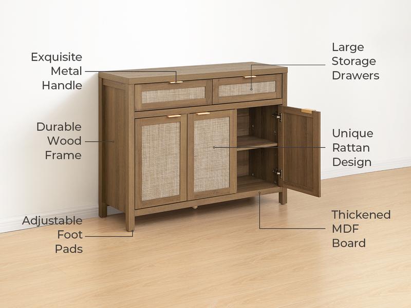 SICOTAS Rattan Sideboard Buffet Cabinet - Boho Farmhouse Credenza with 3 Doors and 2 Drawers, Storage Console Cabinet for Kitchen, Living Room, Entryway, Coffee Bar and Home Decor