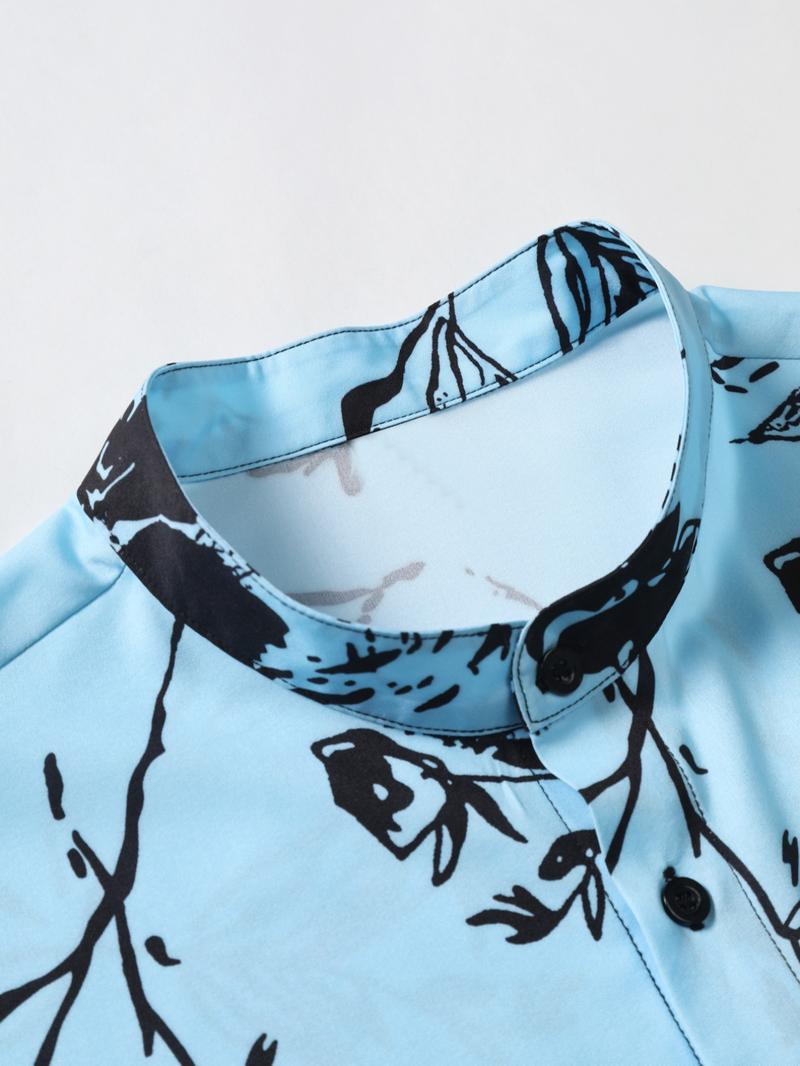 Men's Ombre Floral Print Button Front Shortsleeve Shirt, Regular Fit Streetwear Casual Short Sleeve Stand Collar Top, Summer Clothes for Daily Wear, Summer Clothes, Menswear, Button Up Shirt