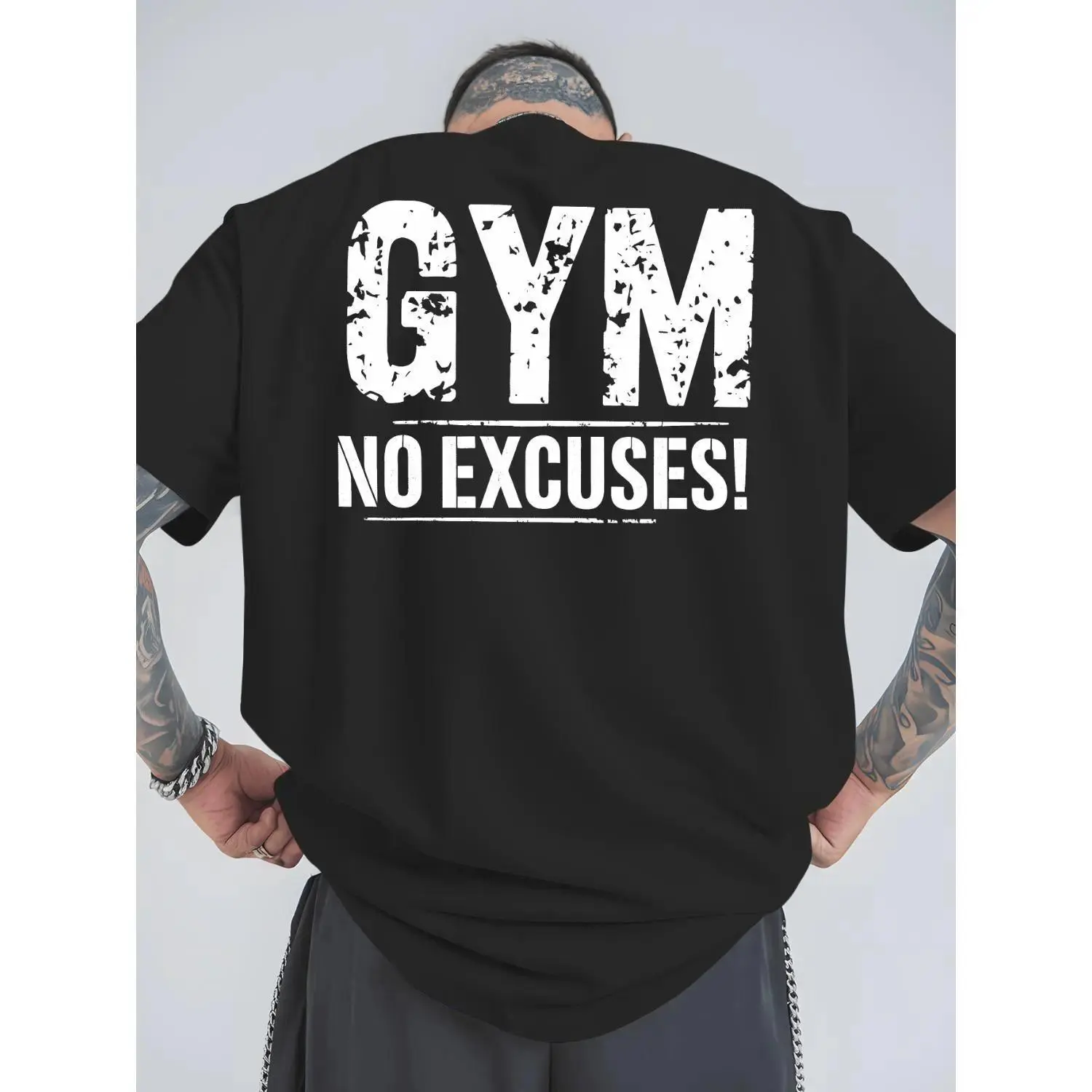 GYM No Excuses Graphic T-Shirt, Distressed Back Print Workout Tee, Oversized 【100% cotton】 Shirt, Fitness Gym Casual Short Sleeve Top, Trendy Gym Rat Aesthetic Cotton Tee for Bodybuilding and Workout Motivation