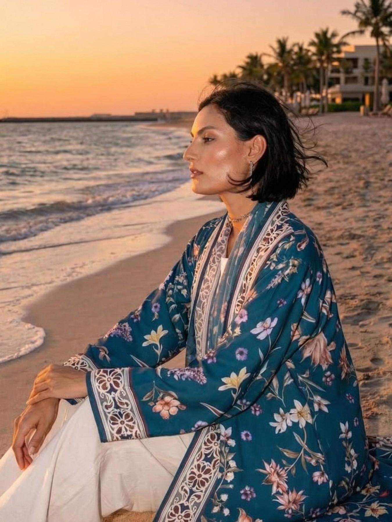 Elegant Floral Print Abaya Open Front Cardigan Long Robe Set, Party Festival Beach Wear with Headscarf, Two-Piece Fashionable Loungewear, Abaya Dress Set