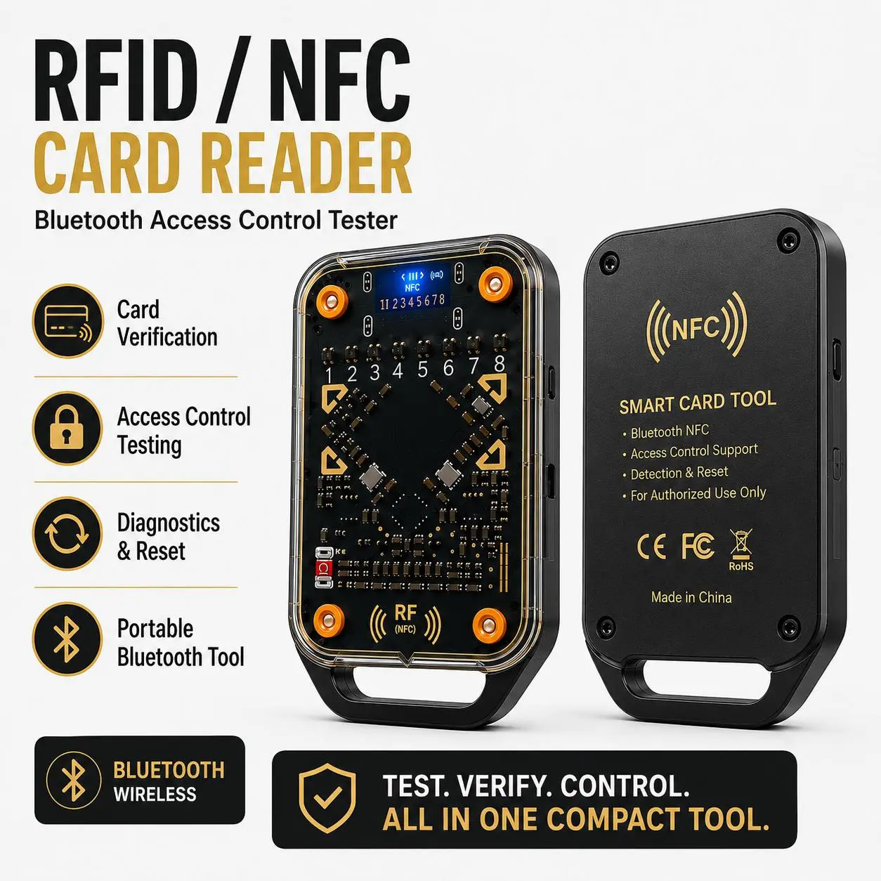 Portable Bluetooth RFID/NFC Access Control Card Reader & Detector, Smart Key Card Verification and Security Diagnostics Tool for Authorized Door Entry System Testing, Maintenance & Access Management