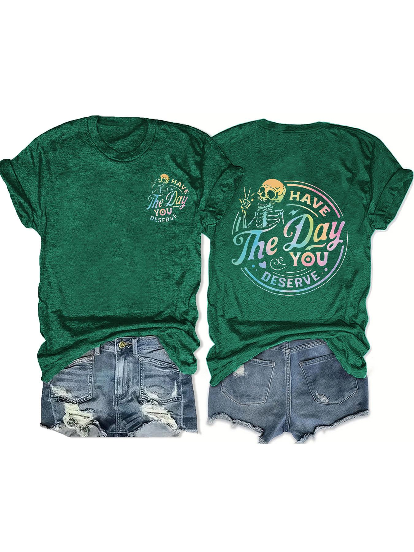 Women's Casual Fitted Graphic Letter Print Round Neck Short Sleeve T-Shirt, Spring Summer Streetwear Fashion Tee, Fun Skull Pattern, Inspirational Gradient Design