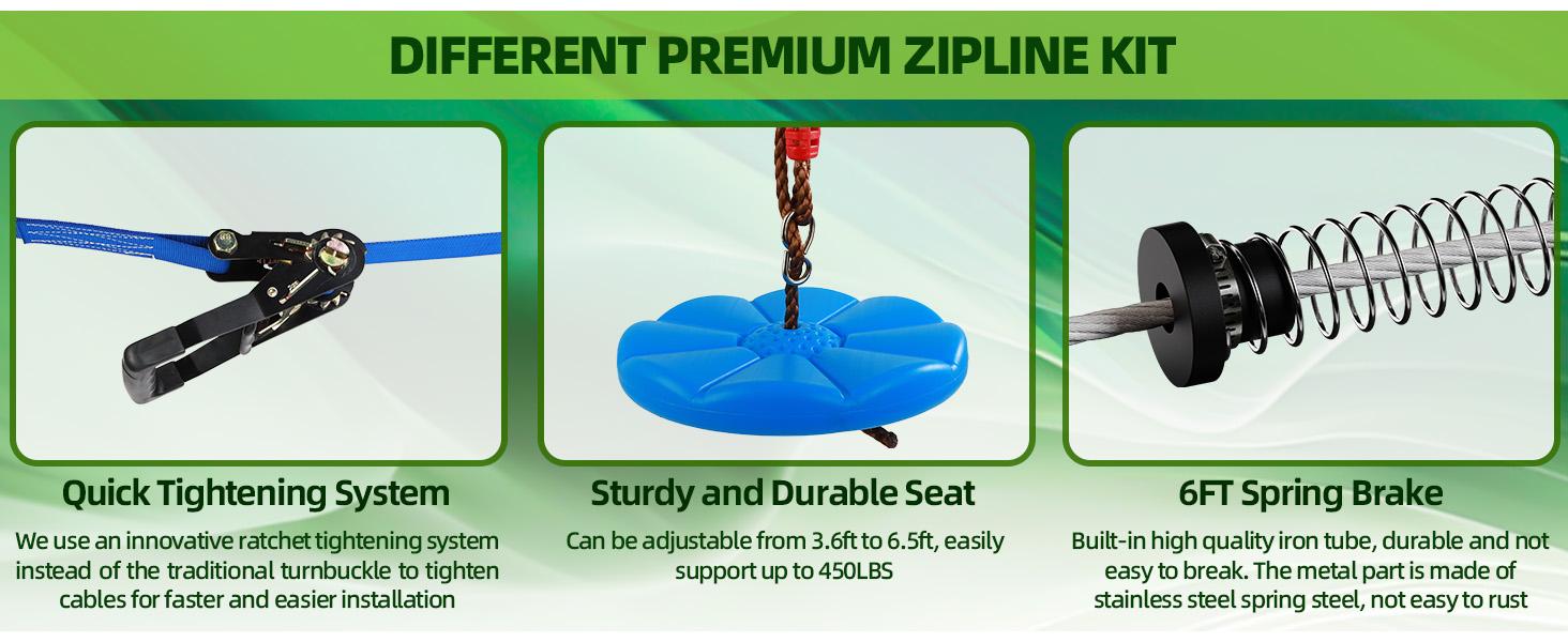 60-200FT Backyard Zip Line Kit for Kids and Adult Up to 400LBS with Stainless Steel Ziplines Spring Brake and Safety Harness, Outdoor Christmas and Birthday Gifts for Kids
