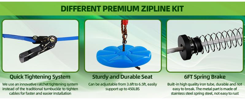 60-200FT Backyard Zip Line Kit for Kids and Adult Up to 400LBS with Stainless Steel Ziplines Spring Brake and Safety Harness, Outdoor Christmas and Birthday Gifts for Kids