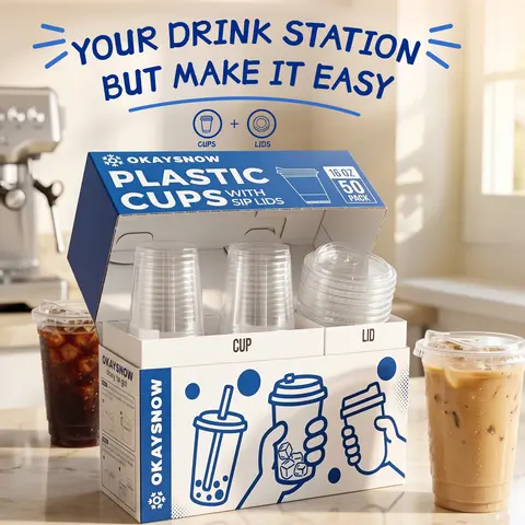 OKAYSNOW Clear To-Go Cups with Sip Lids, 50/100 Pack 16/20oz Cups for Iced Coffee & Cold Drinks