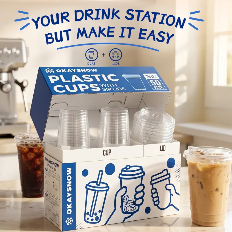 OKAYSNOW Clear To-Go Cups with Sip Lids, 50/100 Pack 16/20oz Cups for Iced Coffee & Cold Drinks