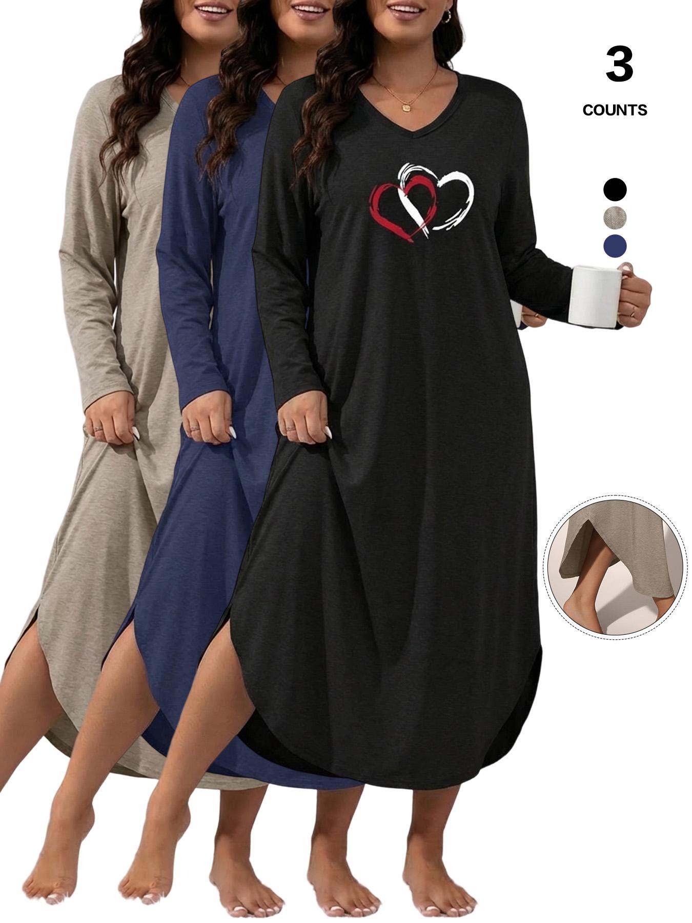 Women's V-Neck Long Sleeve Nightgown, Soft Casual Womenswear Loungewear Dress with Pockets, Heart Print Sleepwear, Loose-Fitting, All Seasons