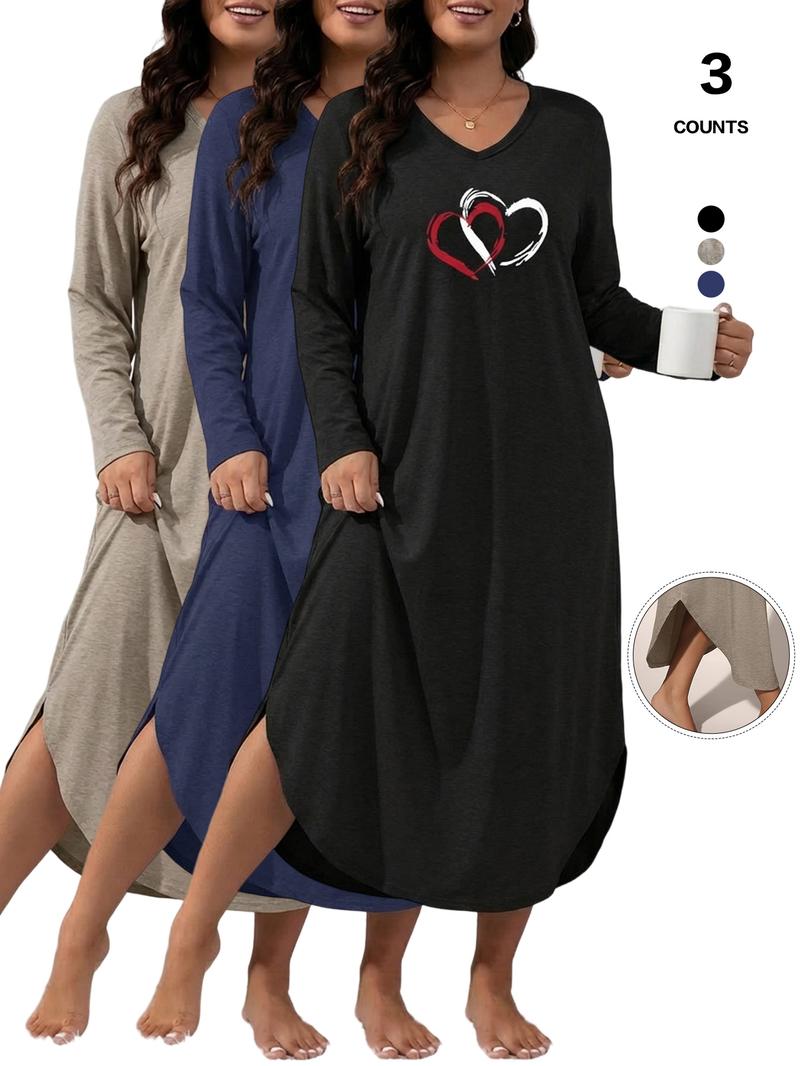 Women's V-Neck Long Sleeve Nightgown, Soft Casual Loungewear Dress with Pockets, Heart Print Sleepwear, Loose-Fitting, All Seasons