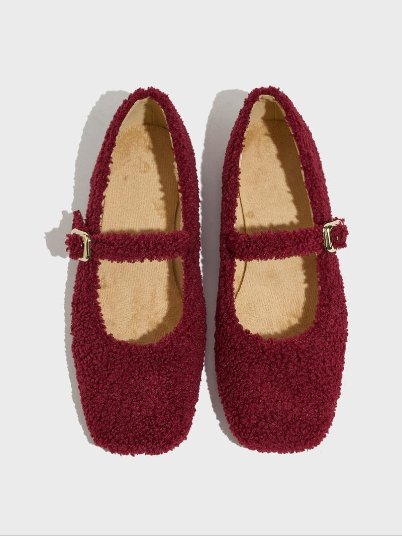 Women's Fashion Flat Square Toe Faux Fur Single Shoe, Retro Style, Comfortable Outdoor Maternity Shoes, Spring & Fall, Furry Shoes