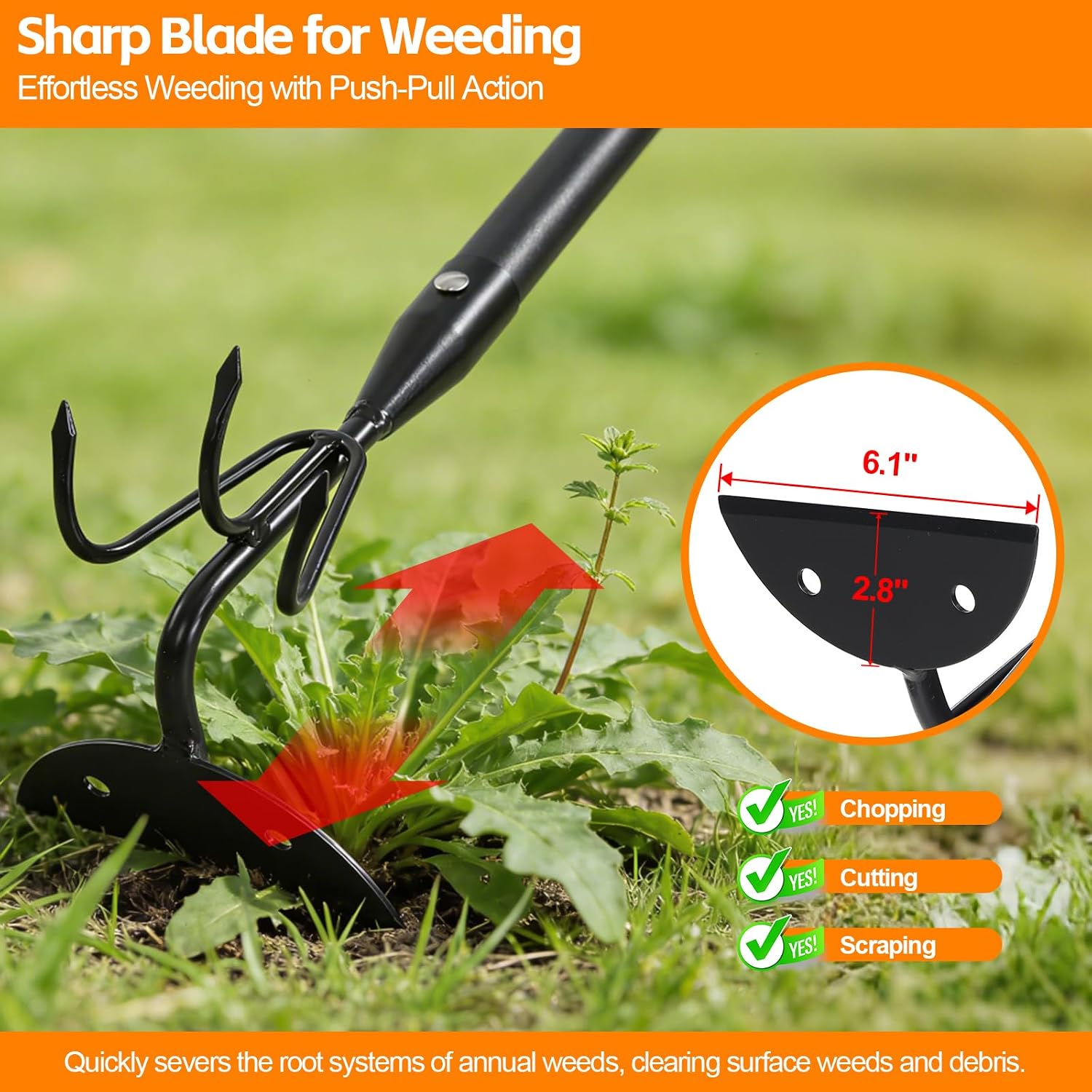 65 Inch 2-in-1 Hoe and Cultivator Garden Tool, Heavy Duty Garden Hoe with 3-Tine Tiller Rake for Weeding and Soil Loosening, Long Handle Stand Up Weed  for Planting, Digging & Gardening