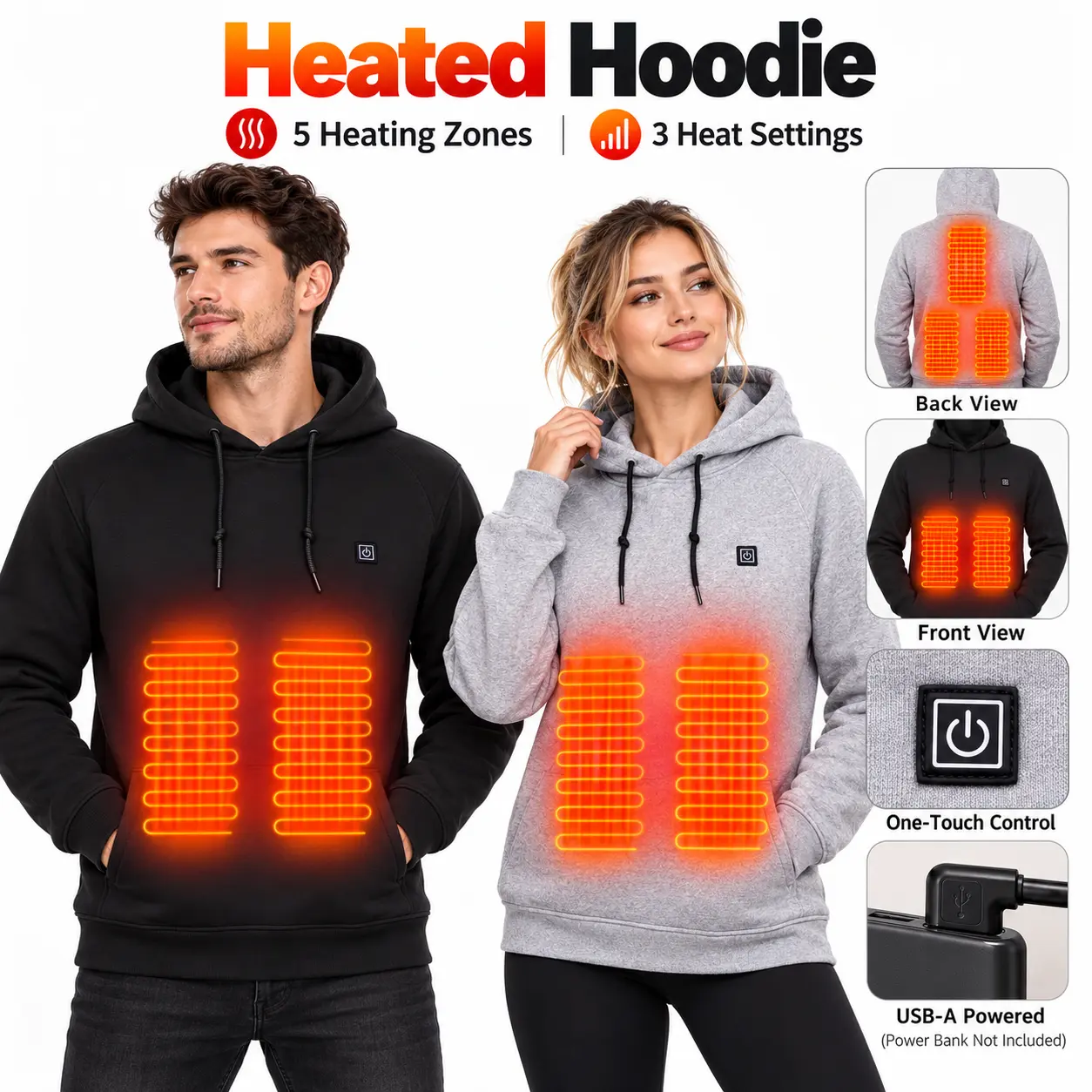 Heated Hoodie for Men and Women, 5 Heating Zones, Single Control, Electric Pullover Sweatshirt for Winter Outdoor Work, Hiking and Camping