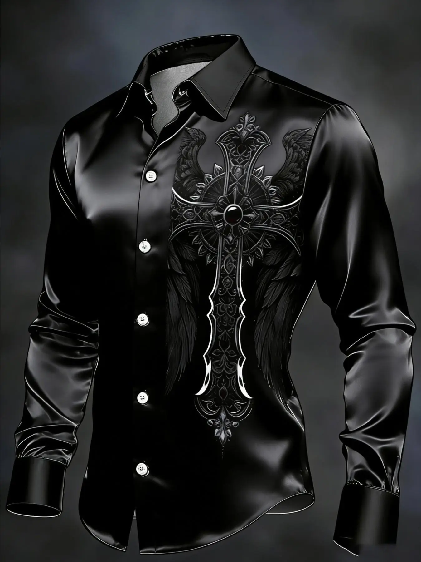 Men's Glossy Cross Wings Print Long Sleeve Shirt, Gothic Style Collared Slim Fit, Casual Party Wear, Unique Men's Fashion, Rocker Shirt