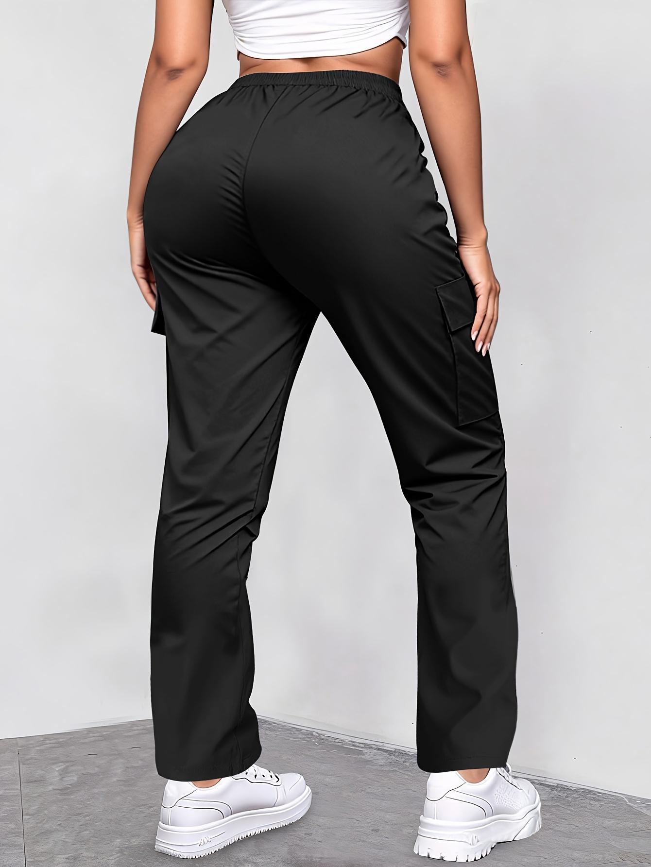 Women Green Letter Print Cargo Pants Zip Pocket Drawstring Waist Casual ...