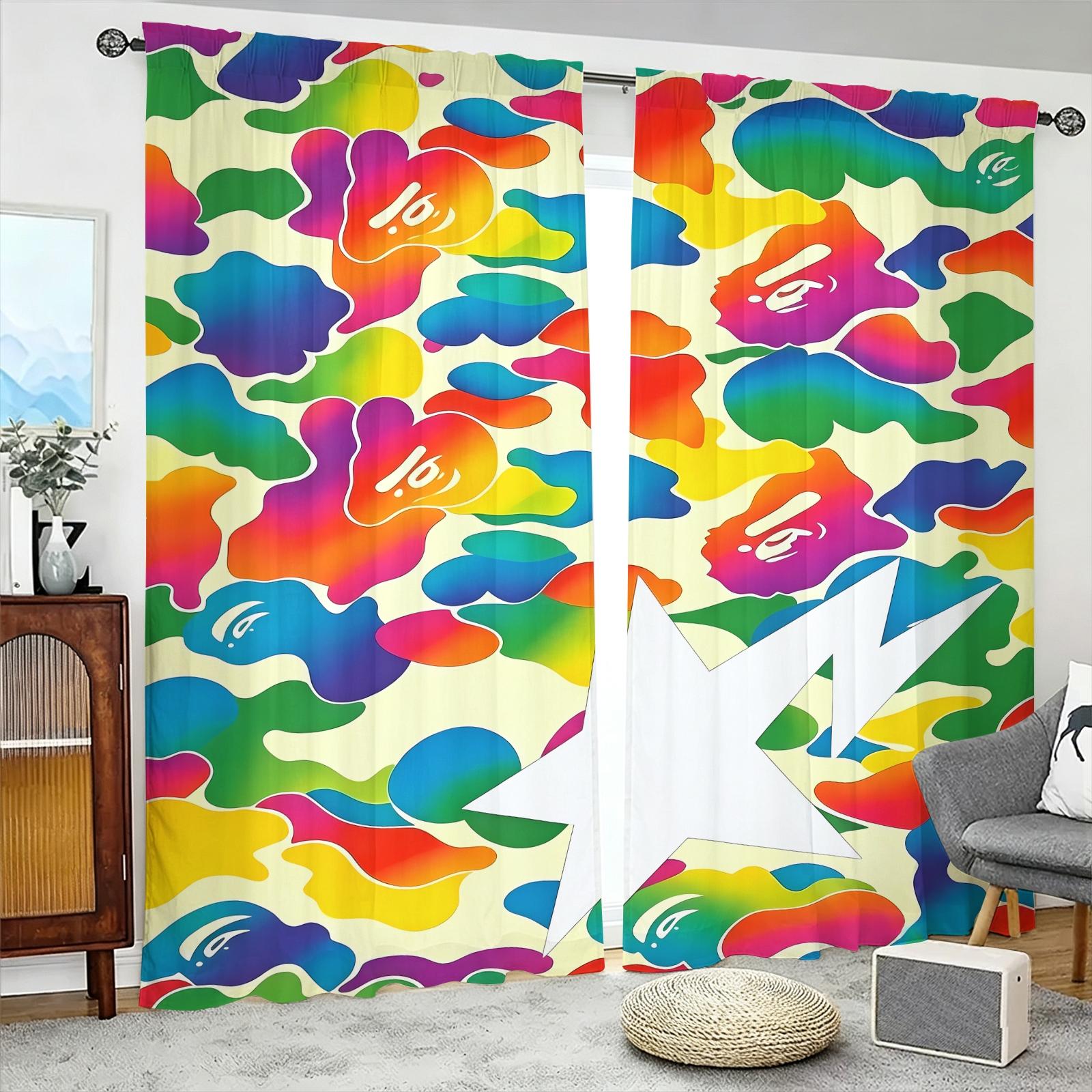Gray Black Camo Star Semi-Sheer Light Filtering Curtains, Curtain for windows, Privacy Protection Brushed Flannel Drapes, Streetwear Camouflage Print Non-Blackout Rod Pocket Panels, Window Decor for Living Room, Teens Bedroom