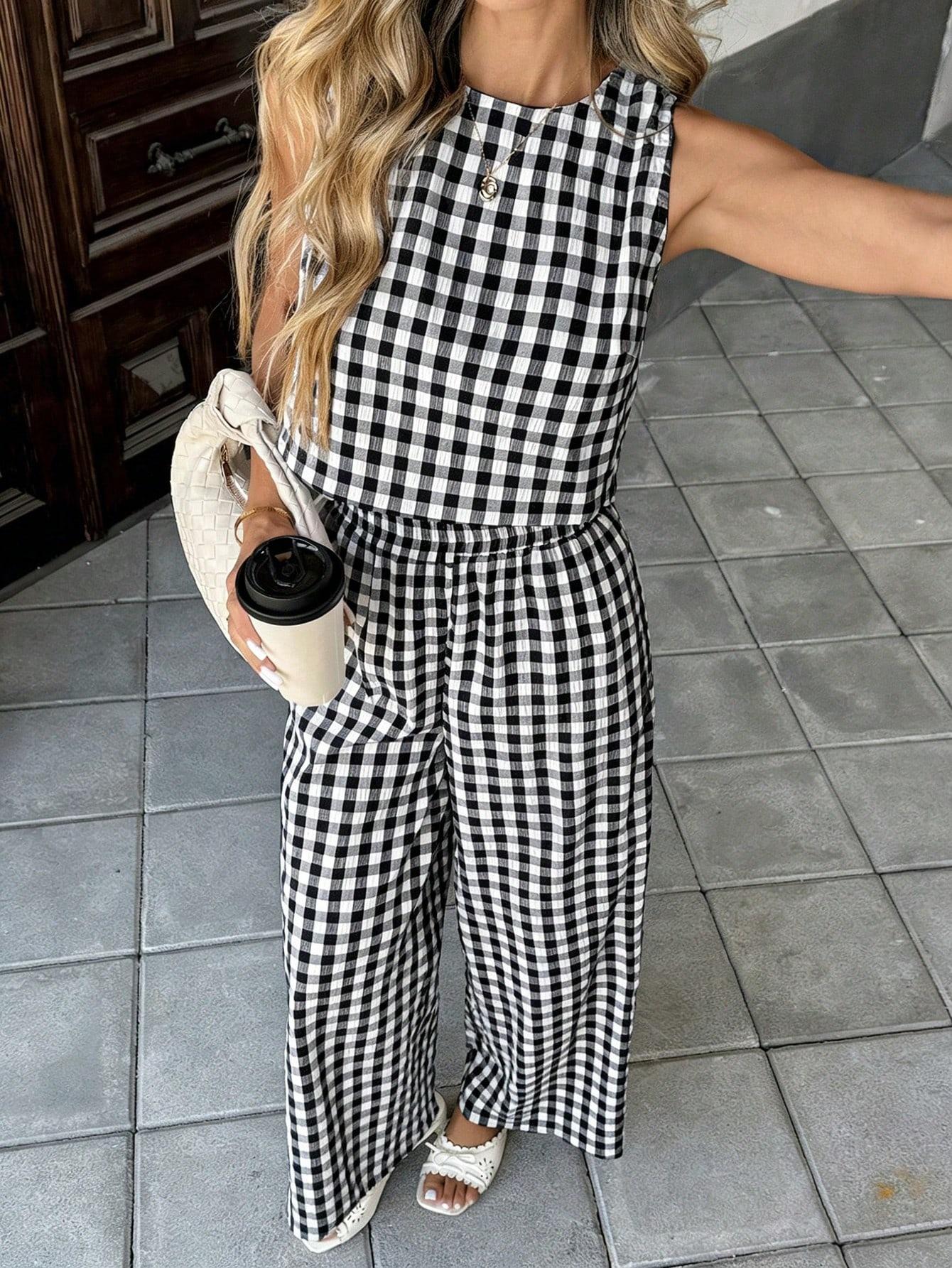 Ladies' multi-color casual plaid round neck sleeveless set Women, summer plaid sleeveless top+high waist wide leg pants set, suitable for commuting/dating/going out/home, essential for lazy people to wear Clothes Summer Matching Set Summer Sets Casual