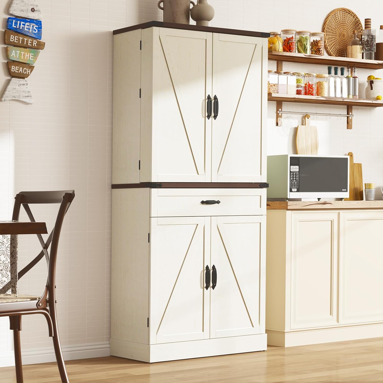 71" Tall Kitchen Pantry Cabinet with 3 Drawers, Farmhouse Storage Cabinet with 6 Barn Door Shelves,with Load-Bearing Steel Pipe and Adjustable Shelves,Pantry Organizer for Kitchen,Living Room(White/Brown)