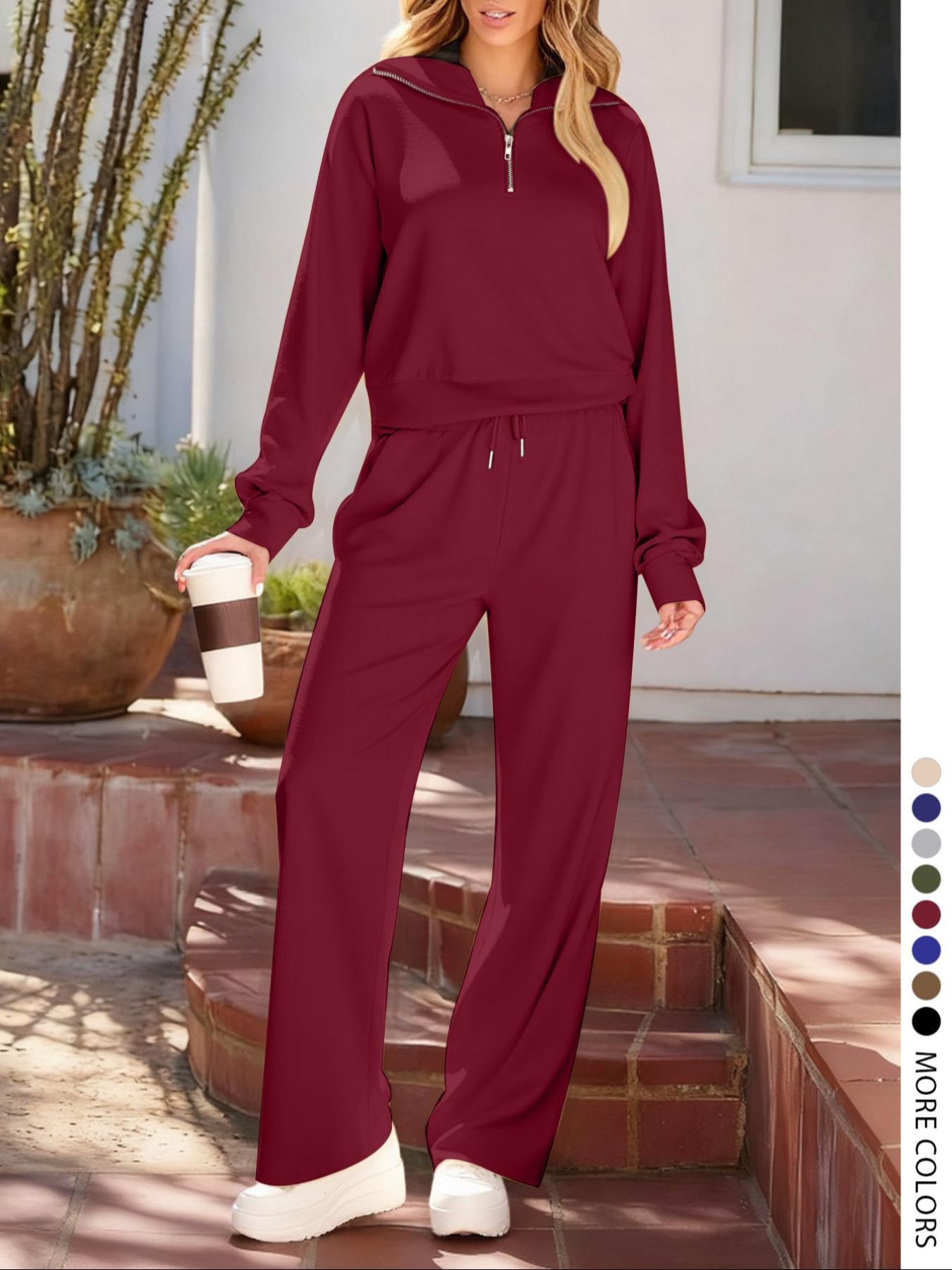 Pure Color Half-Zip Shoulder Pad Sporty Top Long Pants Set, Casual Loose-Fitting Short Upper Long Lower, Perfect for Spring Summer, Sporty Style Clothes, Athleisure Wear Set, Sweatsuit Set